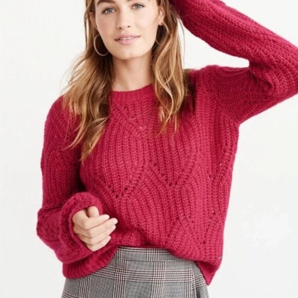 Abercrombie & Fitch Dark Pink Lofty Puff Sleeve Crewneck Sweater - 20892 - Picture 1 of 8